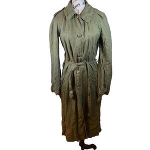 Vintage Ralph Lauren Green Button Belted Women's Collared Linen Trench Size S